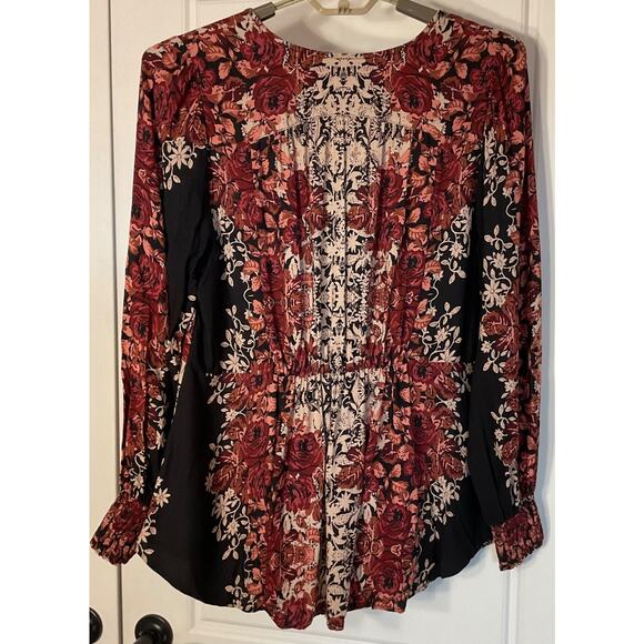 Aveology Black Floral Long Sleeve Button Up Back Elastic Waist Tunic Top 18 - Picture 4 of 6